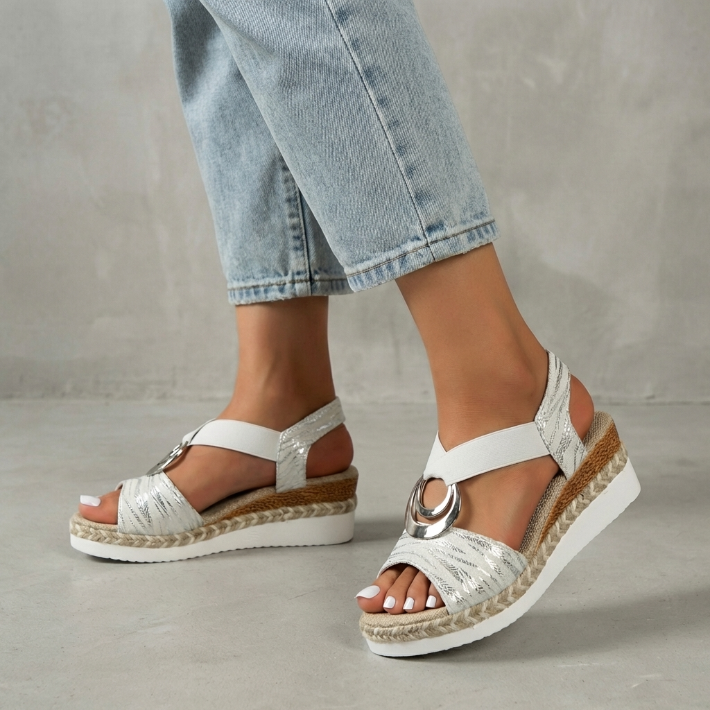 Metal Accent Slingback Wedge Sandals with Textured Cross Straps