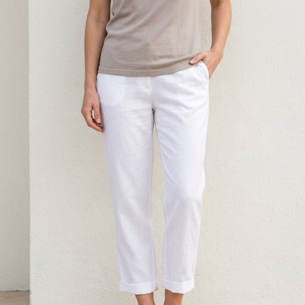 Relaxed Cropped Straight Leg Trousers with Turn Up Hem and Pockets