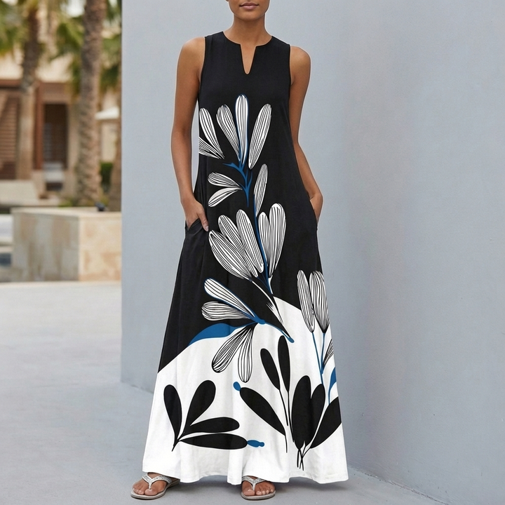 Sleeveless Floral Print Maxi Dress with Notched Neckline and Pockets