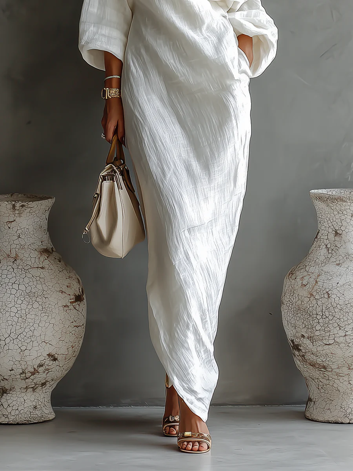 Draped One-Shoulder Maxi Dress with Voluminous Sleeve