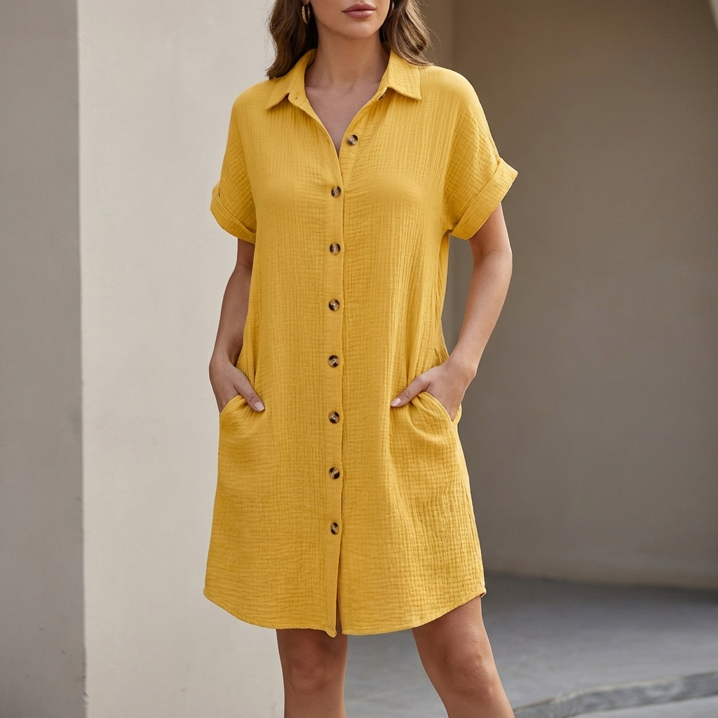 Relaxed Button-Front Shirt Dress with Rolled Sleeves and Pocket Detail