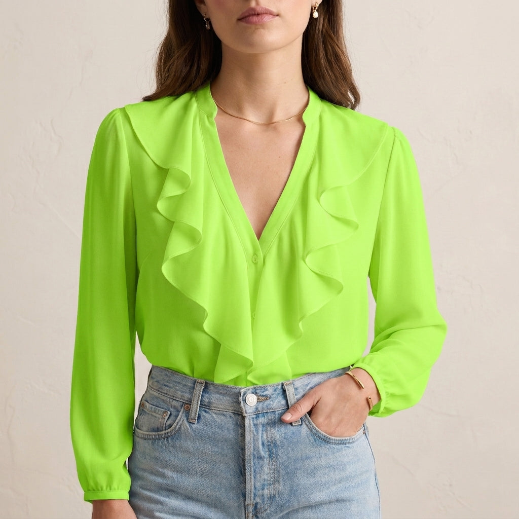 Elegant Chiffon Ruffle V-Neck Blouse with Bishop Sleeves for Smart Casual