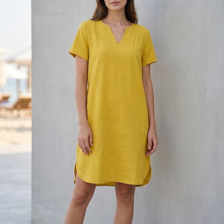 Relaxed V Neck Mini Dress with Rolled Sleeves and Curved Hem