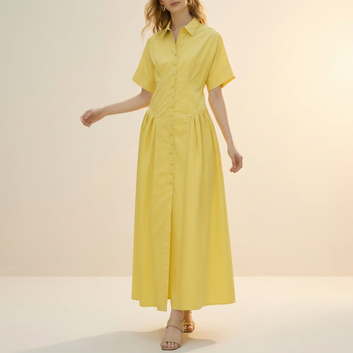Button Front Midi Shirt Dress with Relaxed Gathered Skirt