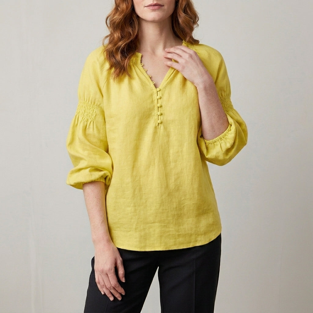 Relaxed Peasant Blouse with Gathered Neckline and Balloon Sleeves