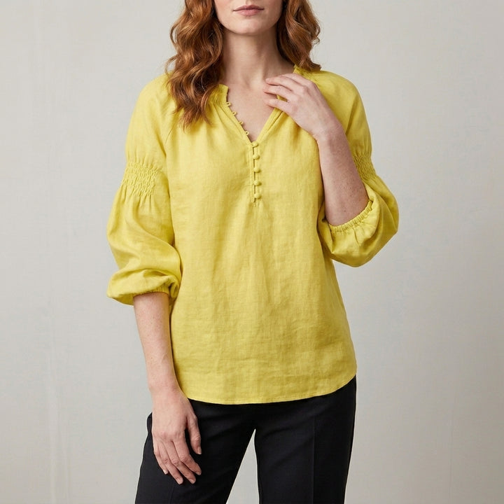 Relaxed Peasant Blouse with Gathered Neckline and Balloon Sleeves