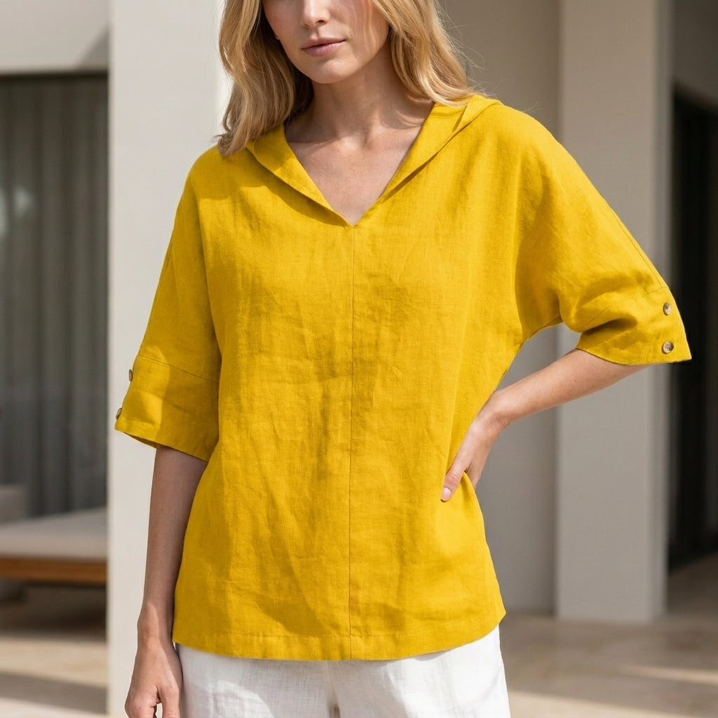 Relaxed Linen Blend Blouse with Soft Open Collar Neckline