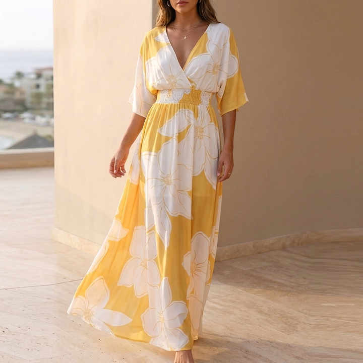 Flowing Floral Maxi Dress with V Neckline and Smocked Waist