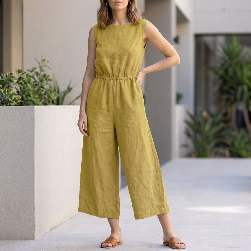 Sleeveless Wide-Leg Jumpsuit with Elastic Waist and Pockets
