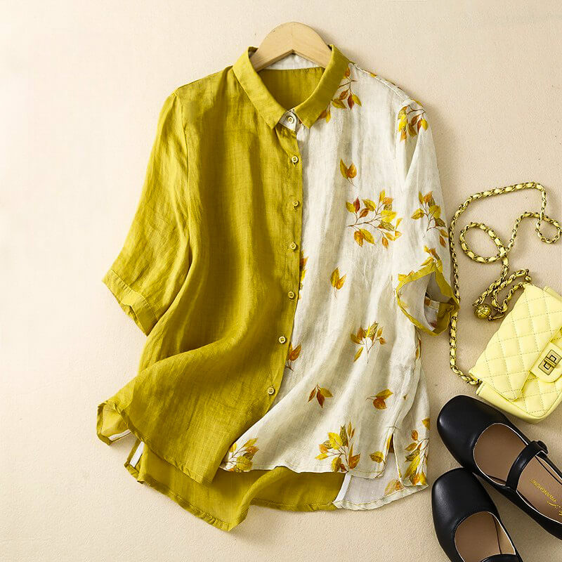 Floral Colorblock Linen Blend Button-Up Shirt with Relaxed Silhouette