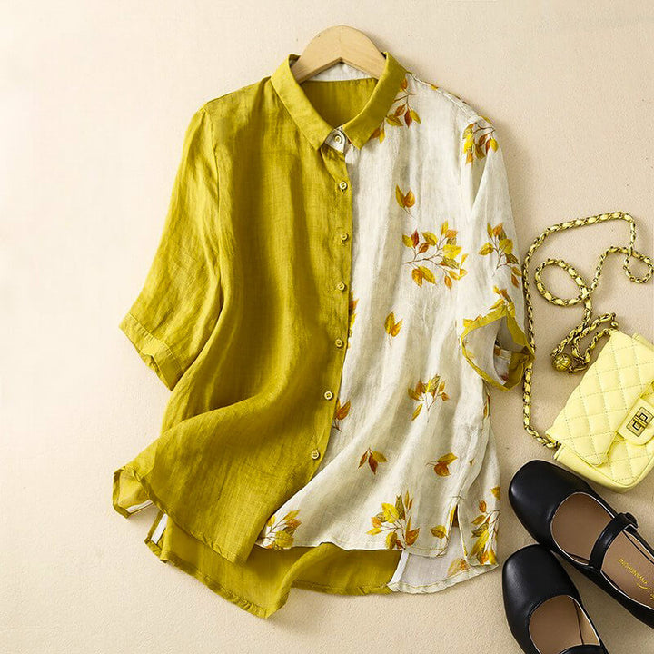 Floral Colorblock Linen Blend Button-Up Shirt with Relaxed Silhouette
