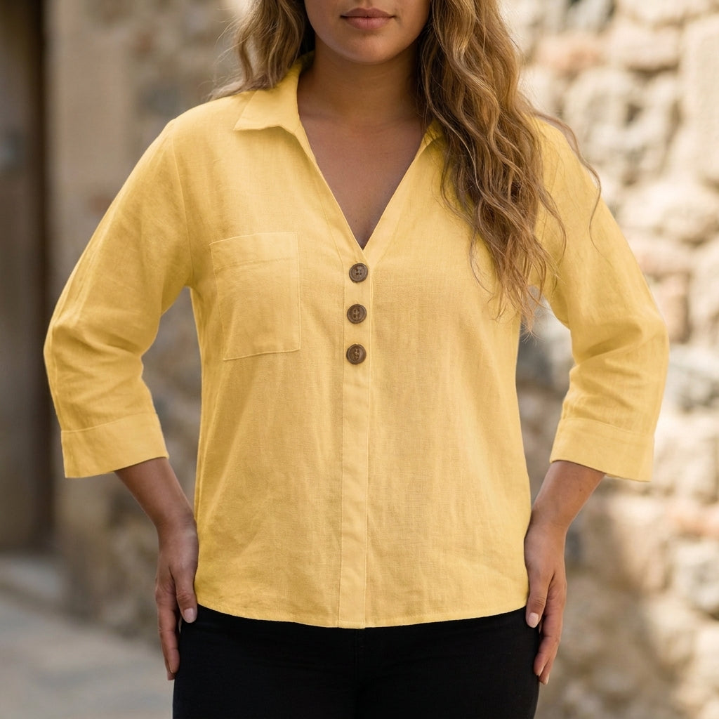 Relaxed Button Detail Blouse with Open Collar Neckline