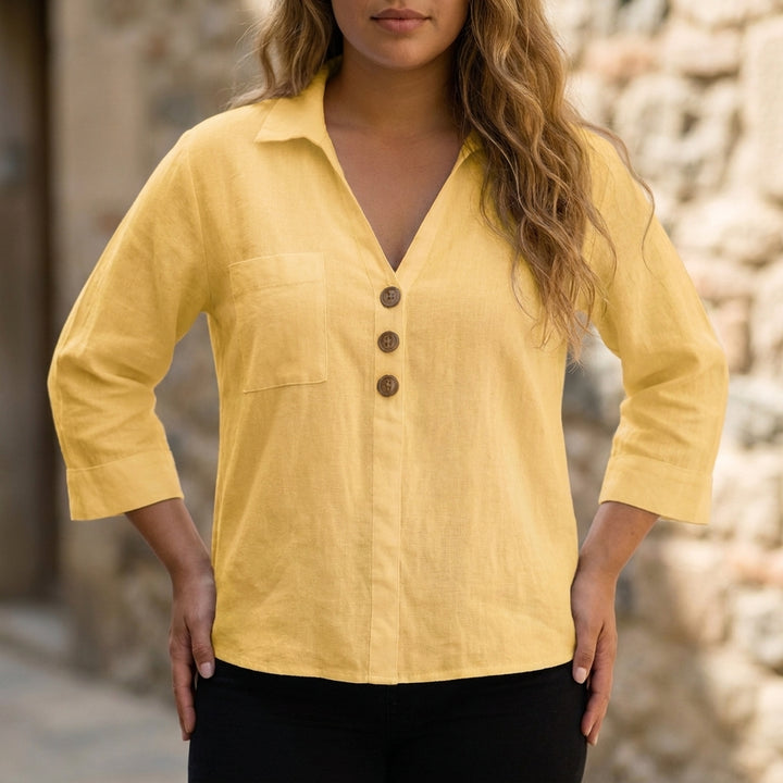 Relaxed Button Detail Blouse with Open Collar Neckline