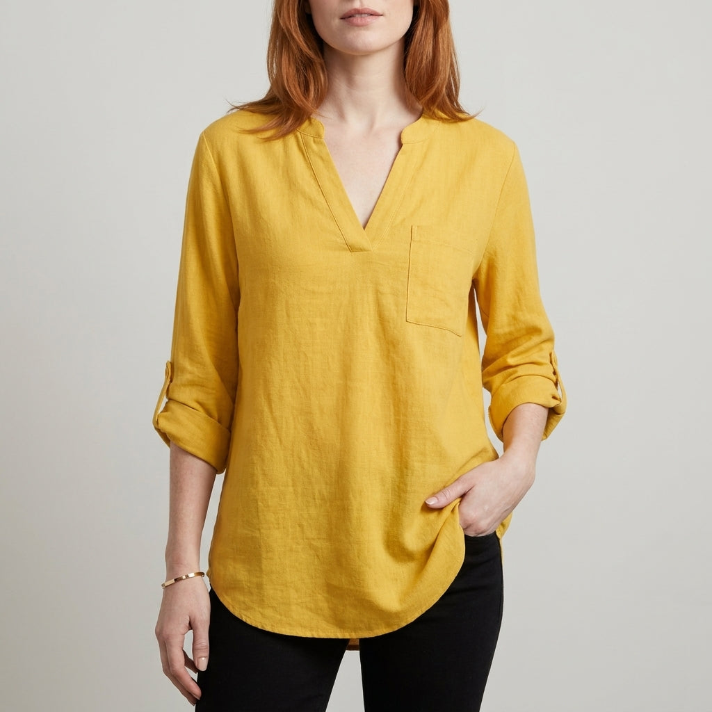 Relaxed V Neck Tunic Blouse with Roll Tab Sleeves