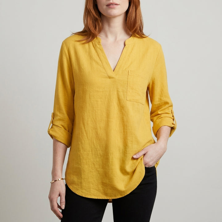 Relaxed V Neck Tunic Blouse with Roll Tab Sleeves