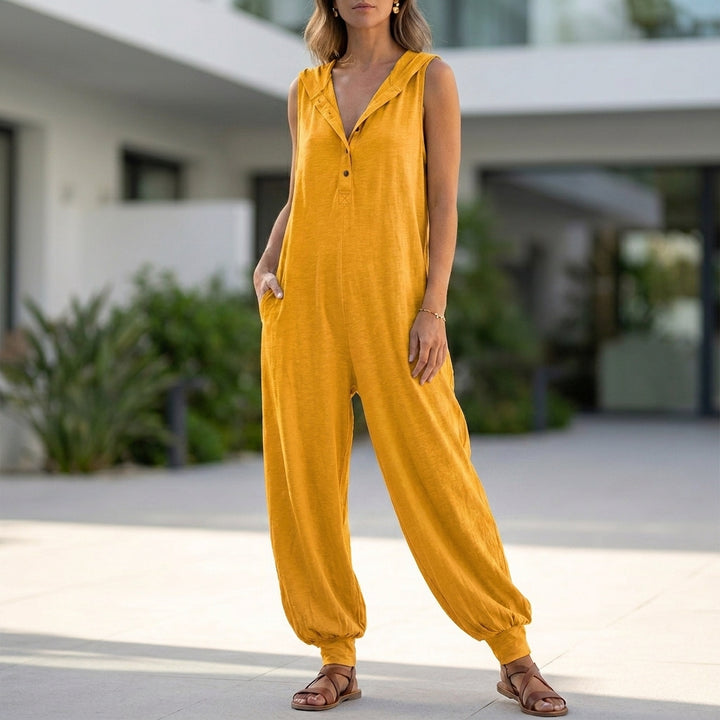 Relaxed Sleeveless Jumpsuit with Henley Neckline and Tapered Leg