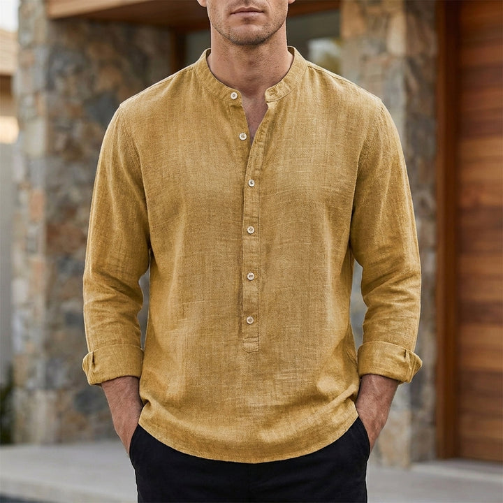 Relaxed Band Collar Linen Blend Shirt with Button Placket