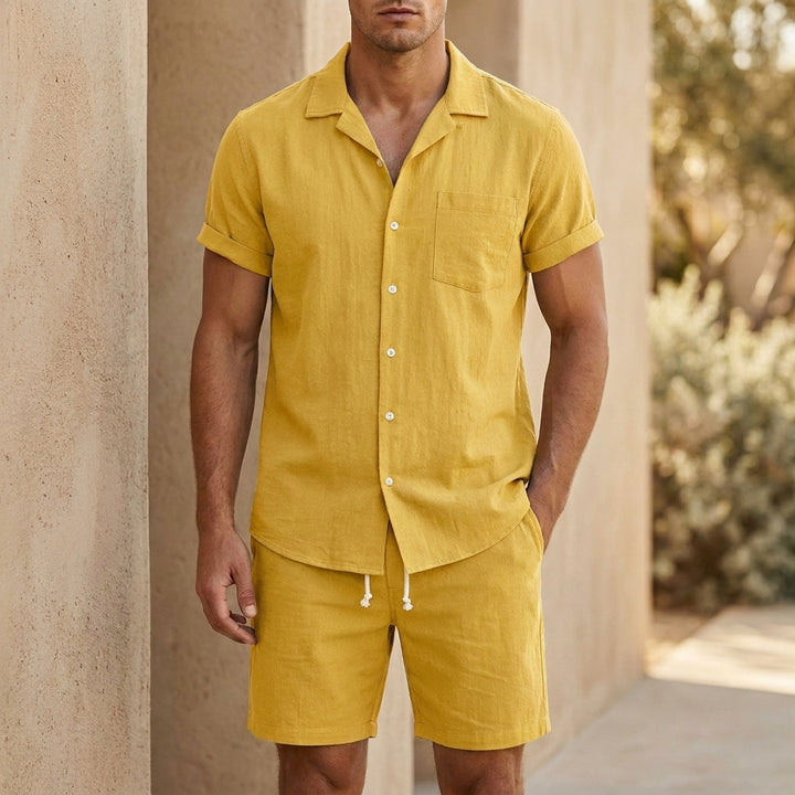 Relaxed Fit Two-Piece Set with Lapel Collar and Drawstring Shorts