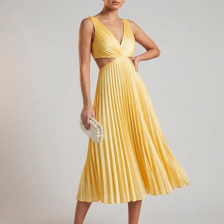 A-Line Midi Dress with Pleated Skirt and Twist-Front Bodice