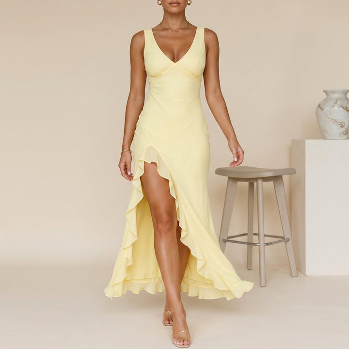 Chiffon Fitted V-Neck Maxi Dress with Ruffle-Trimmed Split and Asymmetrical Hem