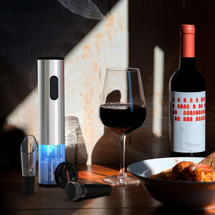 Electric Wine Opener Set With Stainless Steel Finish and Charging Base