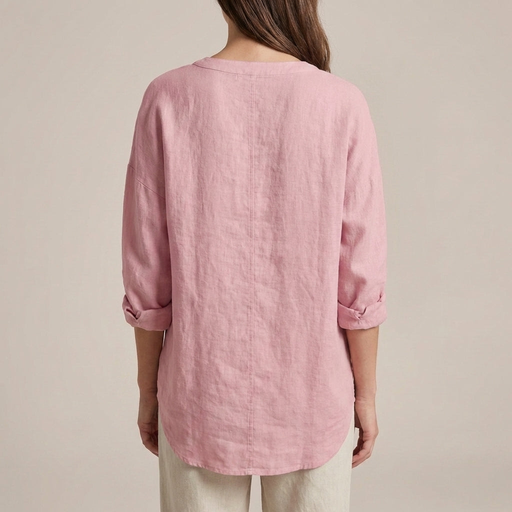 Relaxed-Fit Tunic Blouse with Split V-Neck and Curved Hem