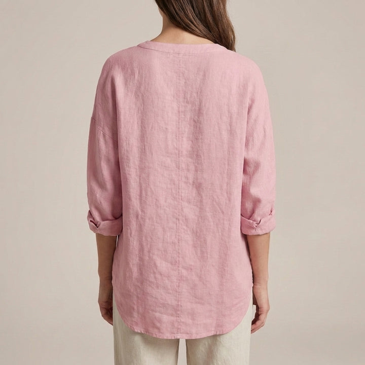 Relaxed-Fit Tunic Blouse with Split V-Neck and Curved Hem