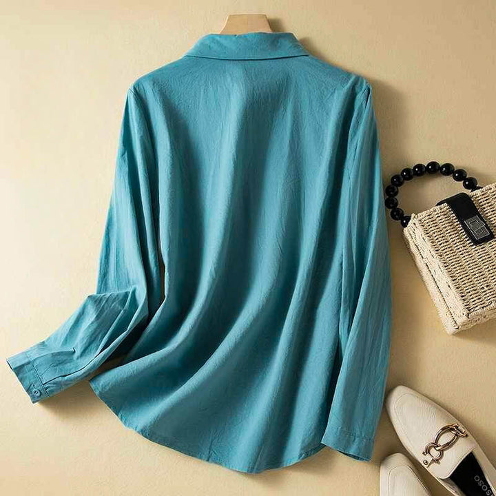 Embroidered Button Front Blouse with Classic Collar and Relaxed Fit