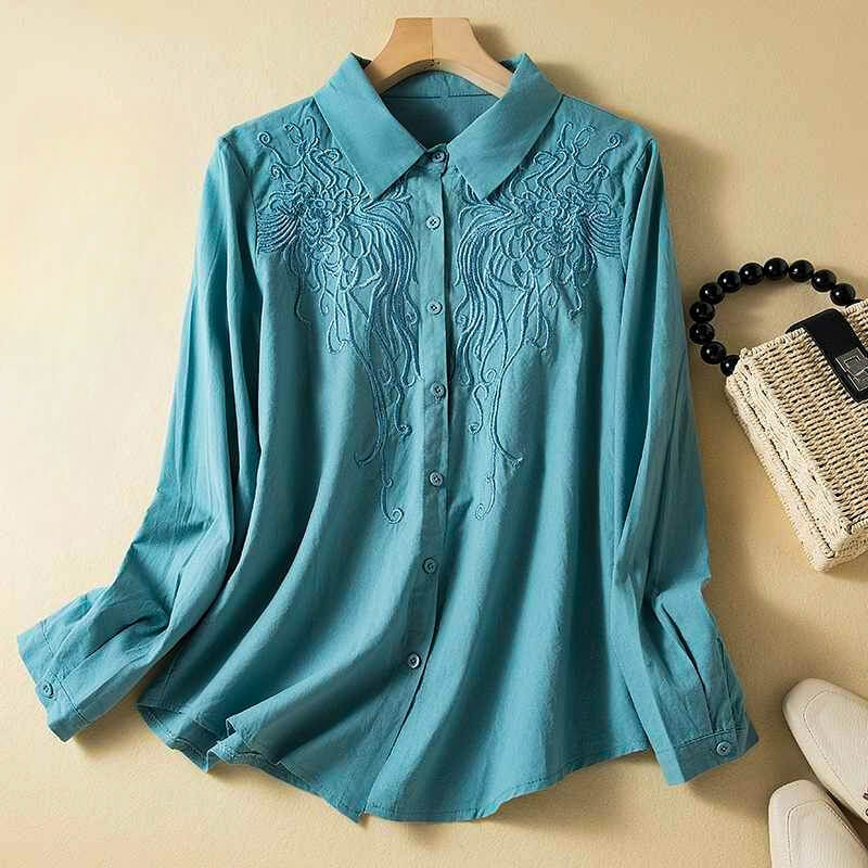 Embroidered Button Front Blouse with Classic Collar and Relaxed Fit