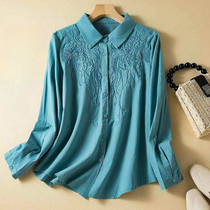 Embroidered Button Front Blouse with Classic Collar and Relaxed Fit