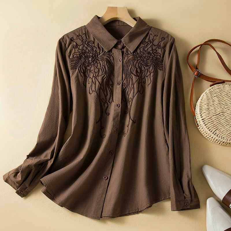Embroidered Button Front Blouse with Classic Collar and Relaxed Fit