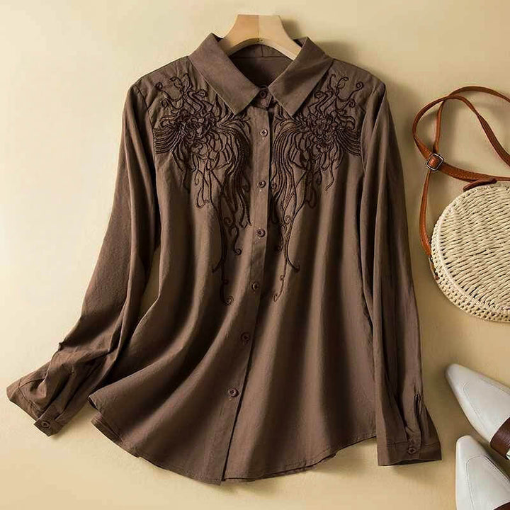 Embroidered Button Front Blouse with Classic Collar and Relaxed Fit