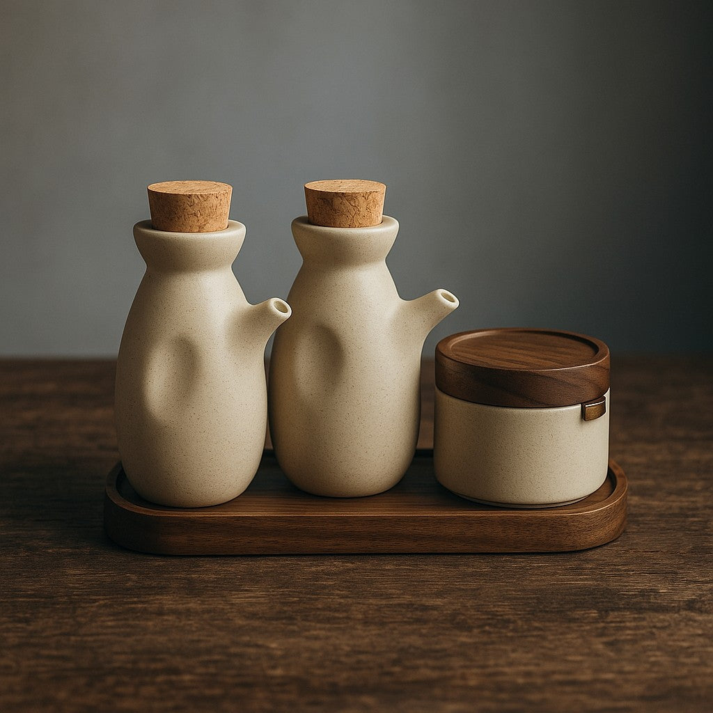 Minimalist Speckled Ceramic Jar Set With Cork Stoppers