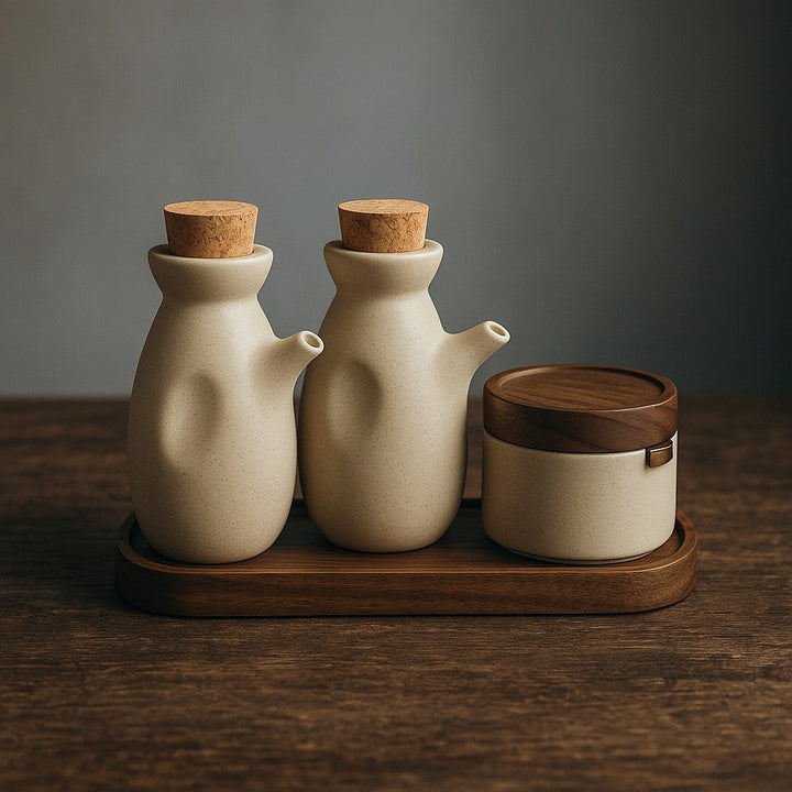 Minimalist Speckled Ceramic Jar Set With Cork Stoppers