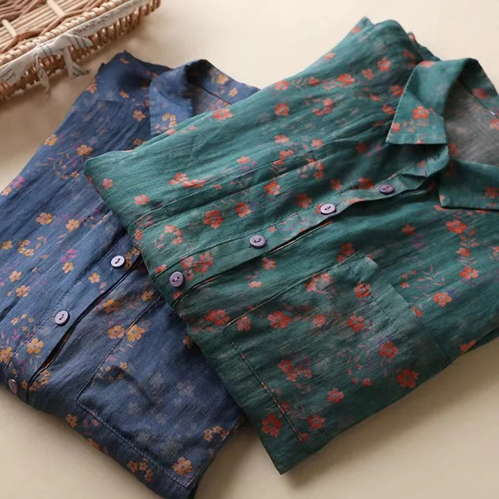 Relaxed Floral Button Front Blouse with Soft Collar and Short Sleeves
