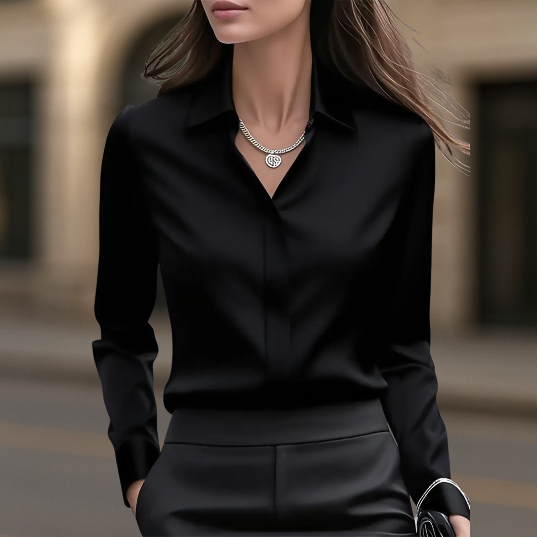 Tailored Satin Button-Up Blouse with Refined Collar and Long Sleeves