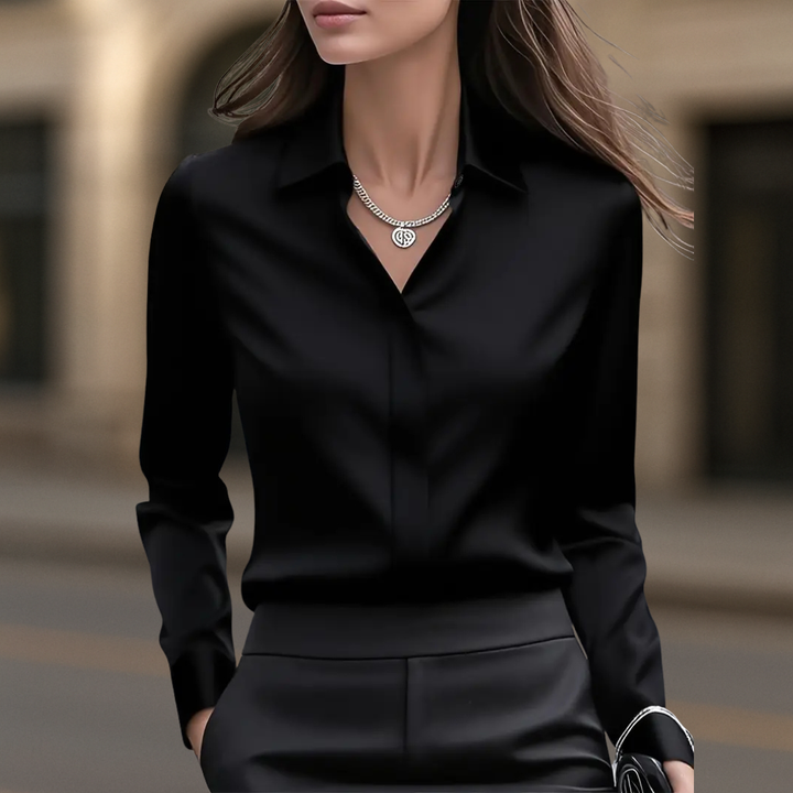 Tailored Satin Button-Up Blouse with Refined Collar and Long Sleeves