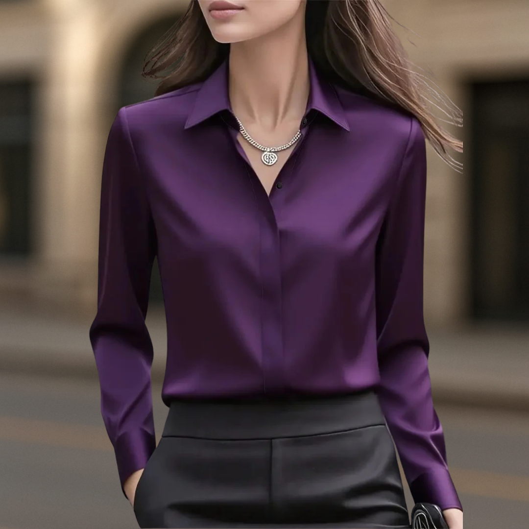 Tailored Satin Button-Up Blouse with Refined Collar and Long Sleeves