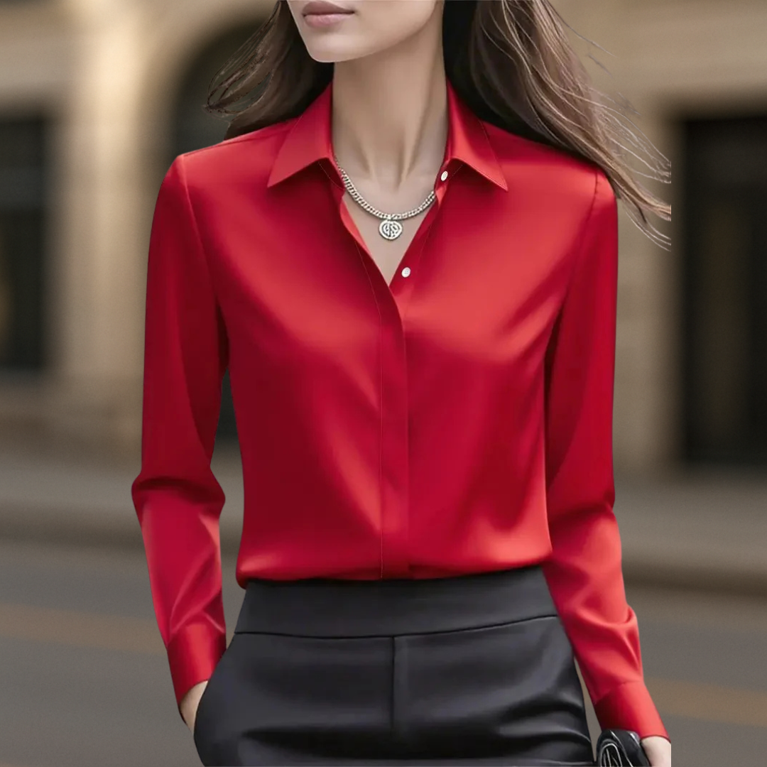 Tailored Satin Button-Up Blouse with Refined Collar and Long Sleeves