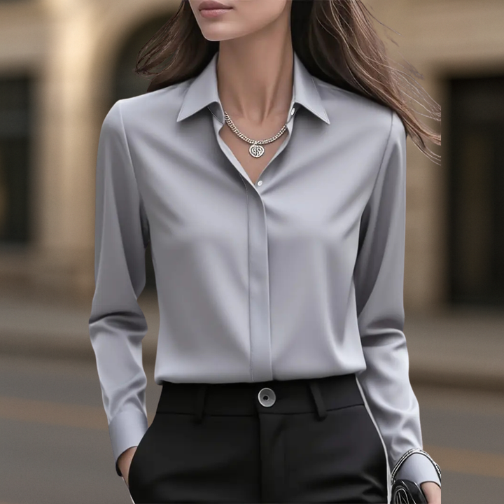 Tailored Satin Button-Up Blouse with Refined Collar and Long Sleeves
