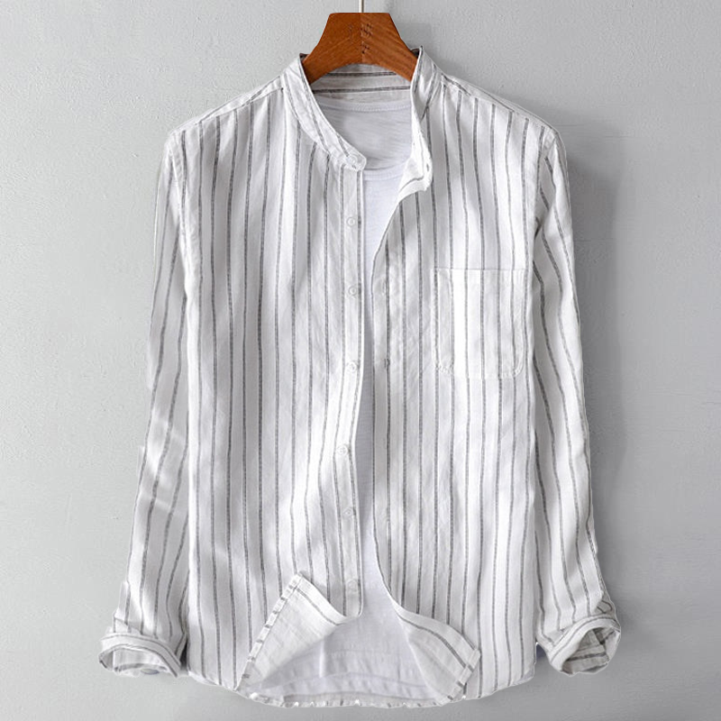 Relaxed Fit Linen Button-Up Shirt with Mandarin Collar and Stripe Detail