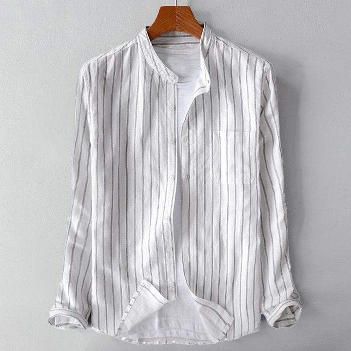 Relaxed Fit Linen Button-Up Shirt with Mandarin Collar and Stripe Detail