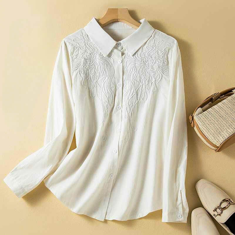 Embroidered Button Front Blouse with Classic Collar and Relaxed Fit