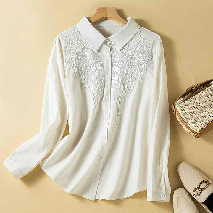 Embroidered Button Front Blouse with Classic Collar and Relaxed Fit